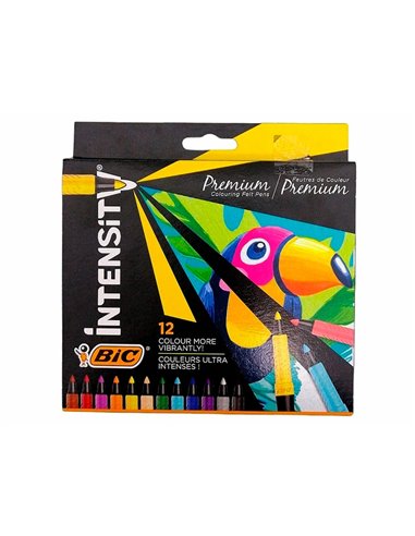 12 feutres bic corps noir grip caoutchouc capuchon ventile couleur de l'encre.