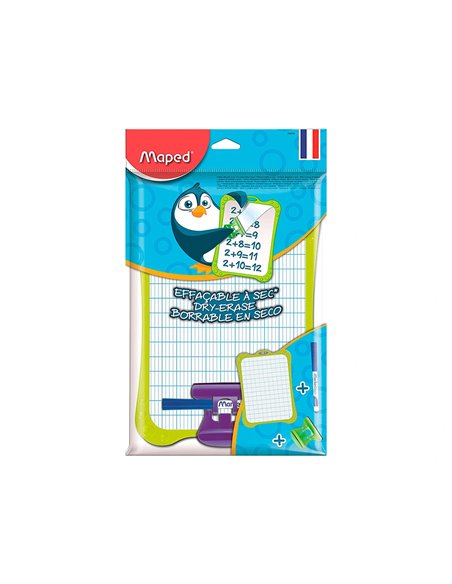 Ardoise blanche maped 1 face uni et 1 face seyes 1 feutre 1 brosse 1 sachet brochable.