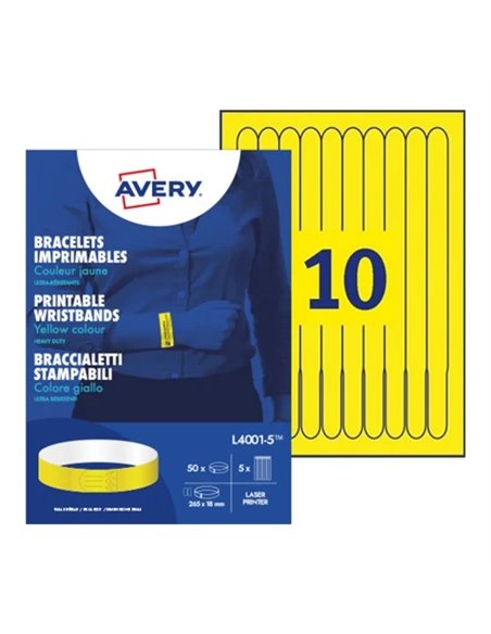 BRACELET IDENTIFICATION AVERY IMPRIMABLE LASER POLYETHYLENE 120 MICRONS 160GR 265X18MM COLORIS JAUNE FLUORESCENT 50 UNI