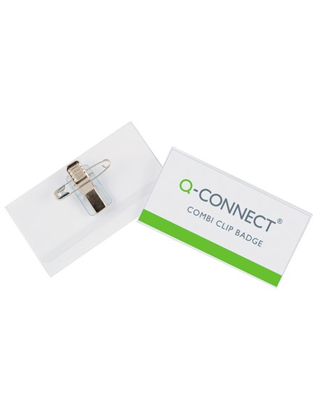 Badge q-connect pvc rigide transparent pince ou épingle format 40x75mm carte visite.