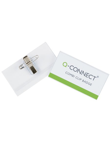 Badge q-connect pvc rigide transparent pince ou épingle format 40x75mm carte visite.