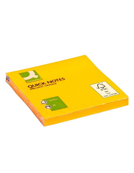 Bloc-notes q-connect quick notes couleurs néon 76x76mm 80f repositionnables coloris orange vif.