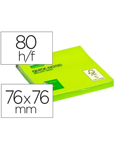 Bloc-notes q-connect quick notes couleurs néon 76x76mm 80f repositionnables coloris vert vif.