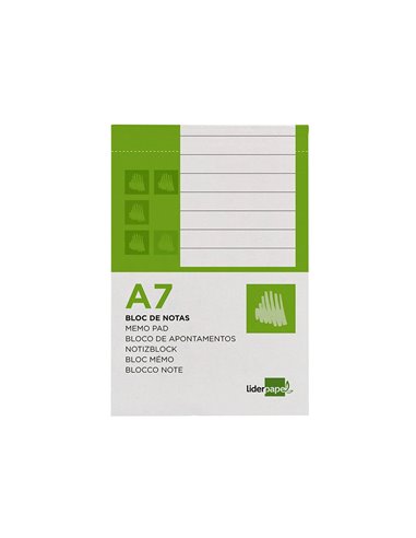 Bloc notes liderpapel perforé ligné a7 105x74mm paysage couverture carton imprimé 250g/m2 80f 60g/m2.