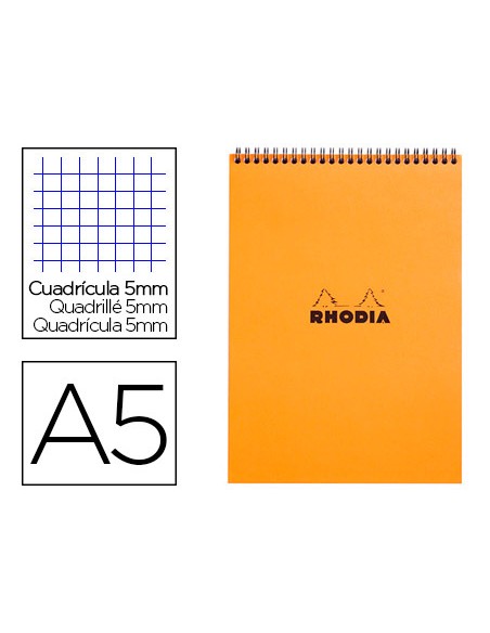 Bloc rhodia classic orange a5 14.8x21cm couverture carte enduite reliure intégrale 80f 80g 5x5mm microperforé