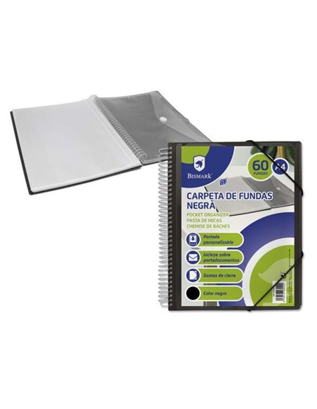 Chemise Bismark avec 60 pochettes transparentes - Format A4 - Avec enveloppe porte-documents - Fermeture élastique