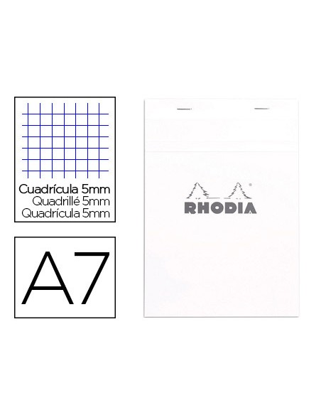 Bloc agrafé rhodia white n.11 a7 7.4x10.5cm couverture carte enduite 80f 80g 5x5mm microperforé blanc