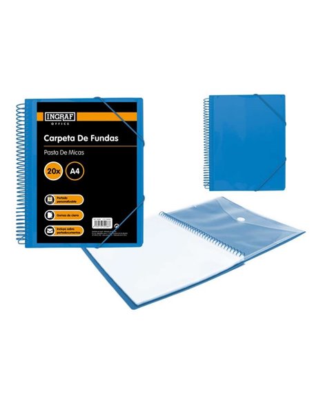 Chemise A4 Ingraf 20 pochettes + enveloppe avec fermoir - Spirale plastique indéformable - Ouverture à 360° - Couverture personn