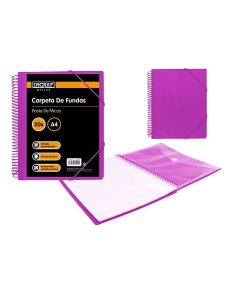 Chemise A4 Ingraf 20 pochettes + enveloppe avec fermoir - Spirale plastique indéformable - Ouverture à 360° - Couverture personn