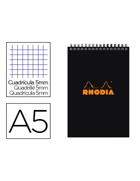 Bloc rhodia classic black a5 14.8x21cm couverture carte enduite reliure intégrale 80f 80g 5x5mm microperforé