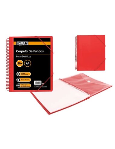 Chemise Ingraf 50 pochettes A4 + enveloppe avec fermoir - Spirale plastique indéformable - Ouverture à 360 degrés - Couverture p