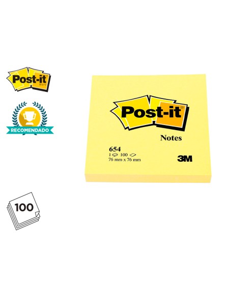 Bloc-notes post-it 654 76x76mm 100f/bloc repositionnables coloris jaune