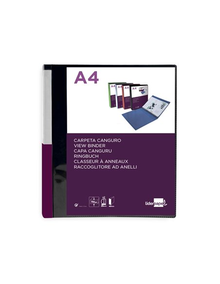 Classeur kangourou liderpapel 2 anneaux en d 25mm polypropylene 283x320mm document a4 coloris noir.