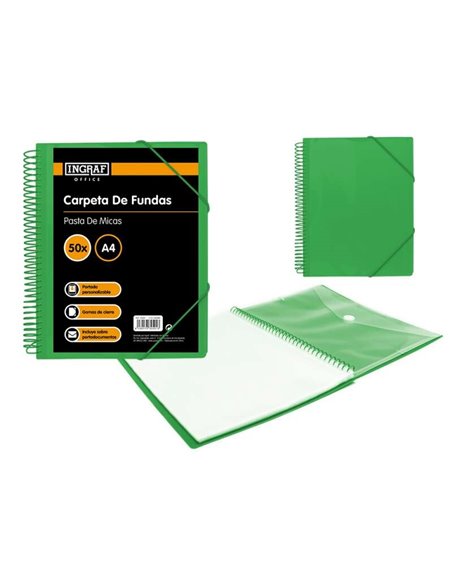 Chemise A4 Ingraf 50 pochettes + enveloppe avec fermoir - Spirale plastique indéformable - Ouverture à 360° - Couverture personn
