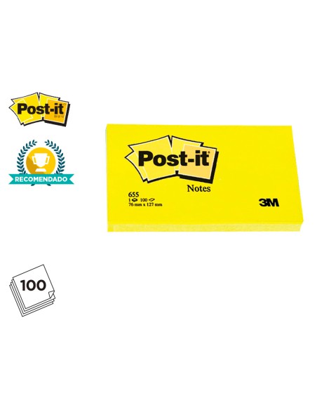 Bloc-notes post-it 655 76x127mm 100f/bloc repositionnables coloris jaune