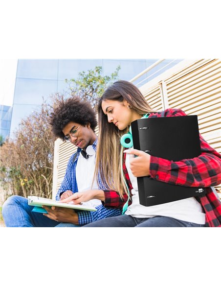 Classeur liderpapel 4 anneaux 40mm a4 polypropylene dos 55mm porte-cartes de visite coloris noir opaque.