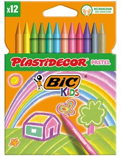 Crayons de cire Bic Kids Plastidecor Pastel, boîte de 12 crayons extra-forts, taille facile, sans bavures, couleurs pastel assor