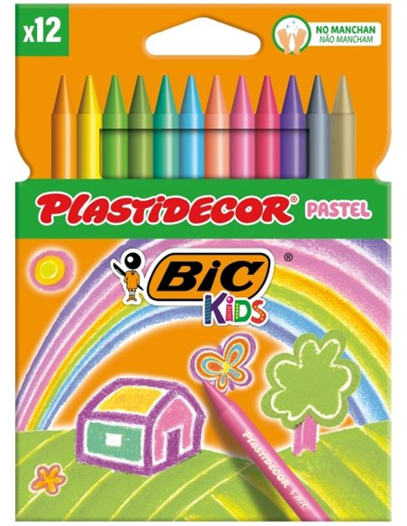 Crayons de cire Bic Kids Plastidecor Pastel, boîte de 12 crayons extra-forts, taille facile, sans bavures, couleurs pastel assor