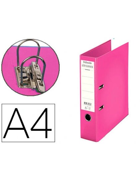 Classeur levier esselte chromos plus a4 polypropylène griffes blocage dos 80mm grand porte étiquette coloris fuchsia.