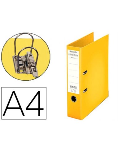 Classeur levier esselte chromos plus a4 polypropylène griffes blocage dos 80mm grand porte-étiquette coloris jaune.