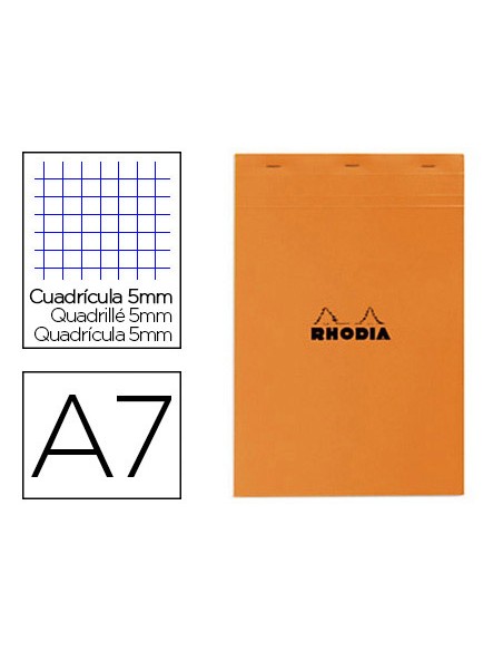 Bloc bureau rhodia a7 papier vélin surfin couverture enduite enveloppante 74x105mm 80f détachables 80g 5x5mm orange