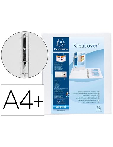 Classeur exacompta kreacover 4 anneaux en d 20mm a4+ 32x27,3cm personnalisable dos 3,4cm pochettes coloris blanc.
