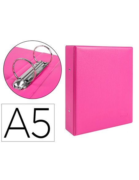 Classeur liderpapel 2 anneaux ronds 40mm a5 carton rembordé pvc coloris fuchsia.