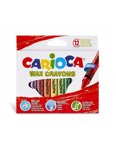 Carioca Maxi Pack de 12 Crayons de Cire - Couleurs Vives - Lavables - Corps Ø 12 mm - Couleurs Variées