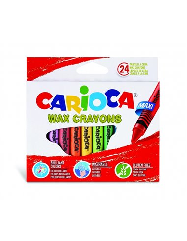 Carioca Maxi Pack de 24 crayons de cire - Couleurs vives - Lavable - Corps de 12 mm de diamètre - Couleurs variées