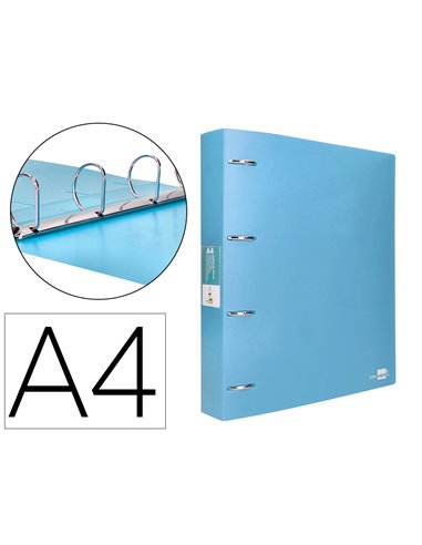 Classeur liderpapel 4 anneaux 40mm a4 polypropylene dos 55mm porte-cartes de visite coloris bleu ciel.