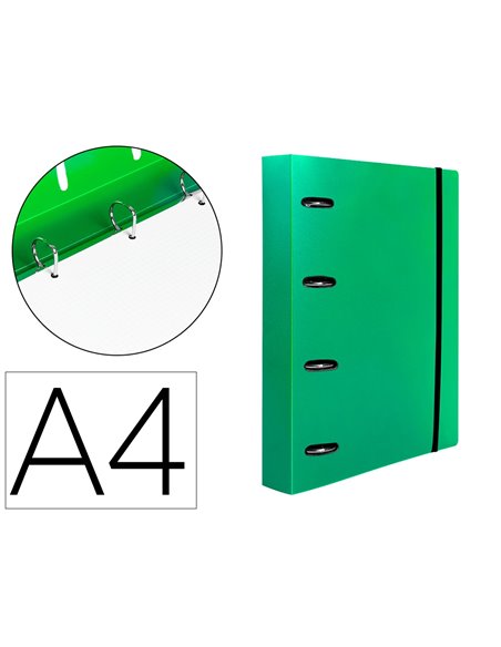 Classeur liderpapel 4 anneaux en d 25mm a4 polypropylene feuillets mobiles 100f 5x5mm coloris vert translucide.