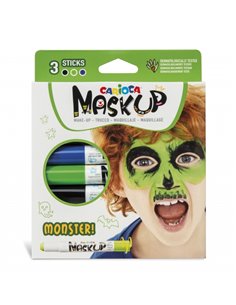 Pack de 3 bâtons de maquillage Carioca Mask Up Monsters - Couleurs vives - Lavable et à base d'eau - Comprend deux tutoriels éta
