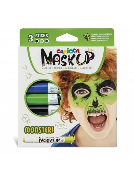 Pack de 3 bâtons de maquillage Carioca Mask Up Monsters - Couleurs vives - Lavable et à base d'eau - Comprend deux tutoriels éta