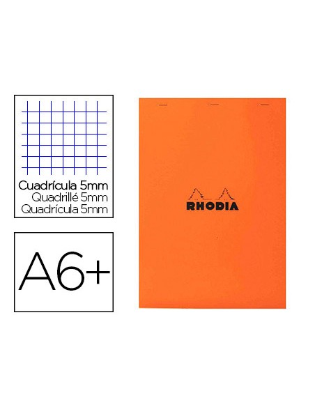 Bloc bureau rhodia a6+ papier vélin surfin couverture enduite enveloppante 110x170mm 80f détachables 80g 5x5mm orange