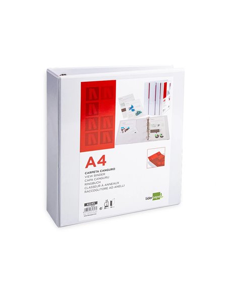 Classeur kangourou liderpapel 4 anneaux 55mm 283x320mm document a4 plastique dos 78mm coloris blanc.