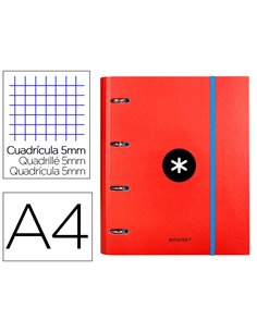 Classeur antartik 4 anneaux ronds 40mm a4 carton remborde feuillets mobiles quadrillage 5mm coloris rouge.