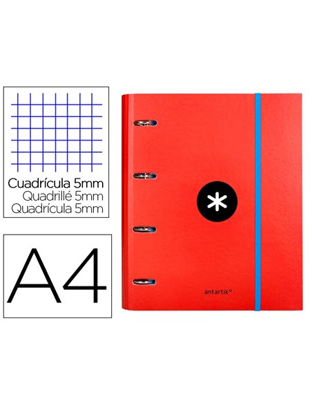 Classeur antartik 4 anneaux ronds 40mm a4 carton remborde feuillets mobiles quadrillage 5mm coloris rouge.