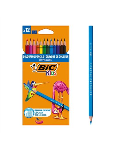 Crayon couleur bic kids tropicolors 2 175mm mine résistante pigmentée large palette coloris vifs étui carton 12 unités.