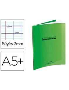 Cahier d'écriture conquérant classique couverture polypropylène rigide a5+ 17x22cm 32 pages 90g séyès 3mm coloris vert.