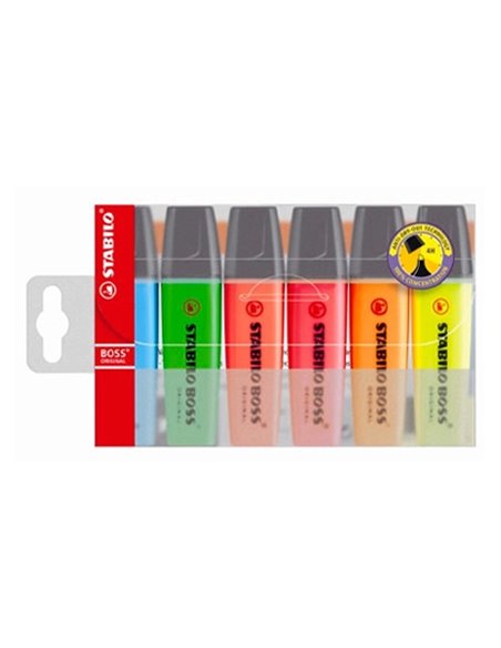 Surligneur stabilo boss tracé 2/5mm pointe biseautée encre universelle base eau résistante lumière pochette 8 unités.