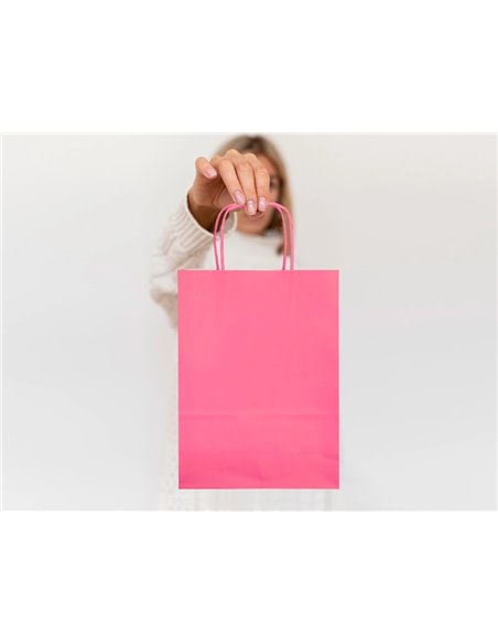 Sac papier q-connect cellulose m anse torsadee 270x370x12mm coloris rose.