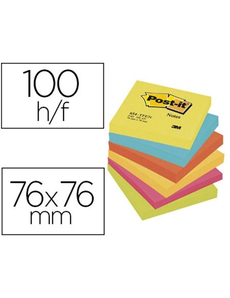 Bloc-notes post-it couleurs énergiques 76x76mm 100f repositionnables 5 coloris assortis 6 blocs 7100296019.