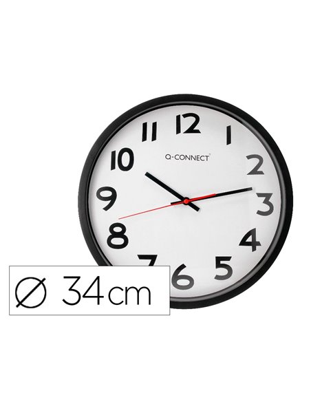 Horloge q-connect murale plastique design actuel numéros noirs fond blanc 1 pile aa non fournie diamètre 34cm noir.