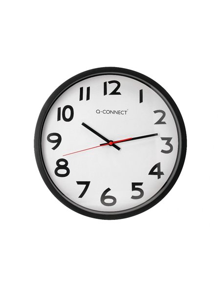 Horloge q-connect murale plastique design actuel numéros noirs fond blanc 1 pile aa non fournie diamètre 34cm noir.
