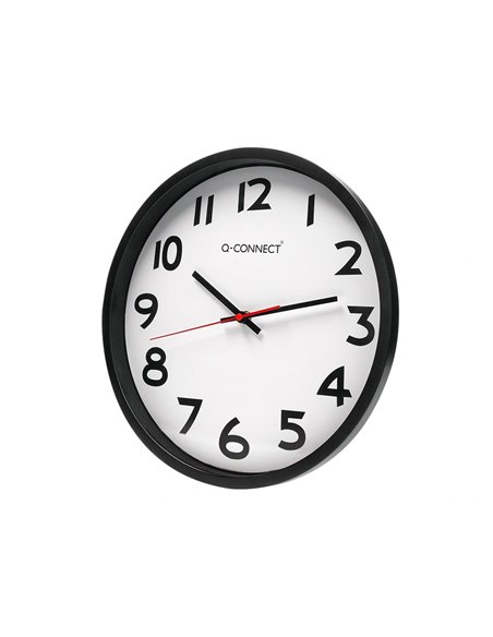 Horloge q-connect murale plastique design actuel numéros noirs fond blanc 1 pile aa non fournie diamètre 34cm noir.