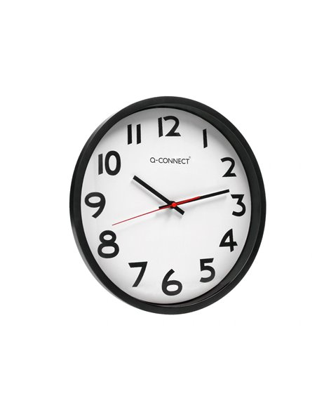 Horloge q-connect murale plastique design actuel numéros noirs fond blanc 1 pile aa non fournie diamètre 34cm noir.