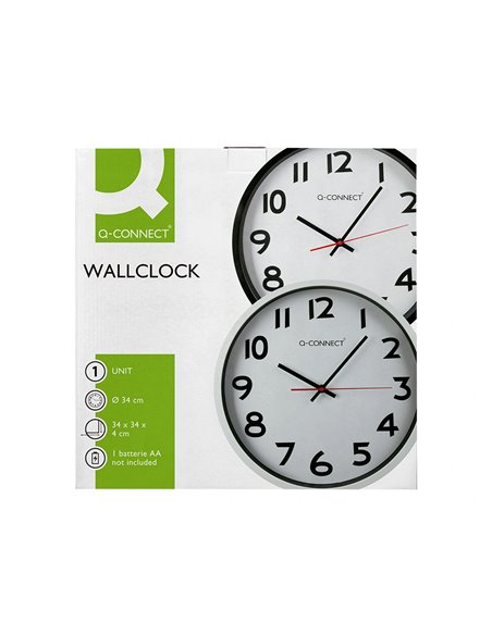 Horloge q-connect murale plastique design actuel numéros noirs fond blanc 1 pile aa non fournie diamètre 34cm noir.