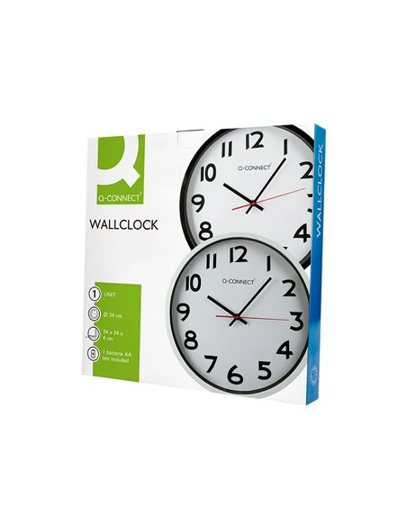 Horloge q-connect murale plastique design actuel numéros noirs fond blanc 1 pile aa non fournie diamètre 34cm noir.