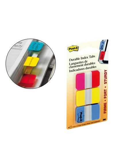 Marque-pages post-it index rigide 25x44mm 22f 3 coloris rouge jaune bleu set 22 index/couleur