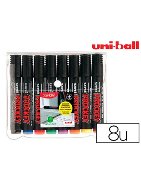 Marqueur uniball uni prockey permanent pointe ogive tracé 1.8mm encre sans alcool corps plastique pochette 8 unités.